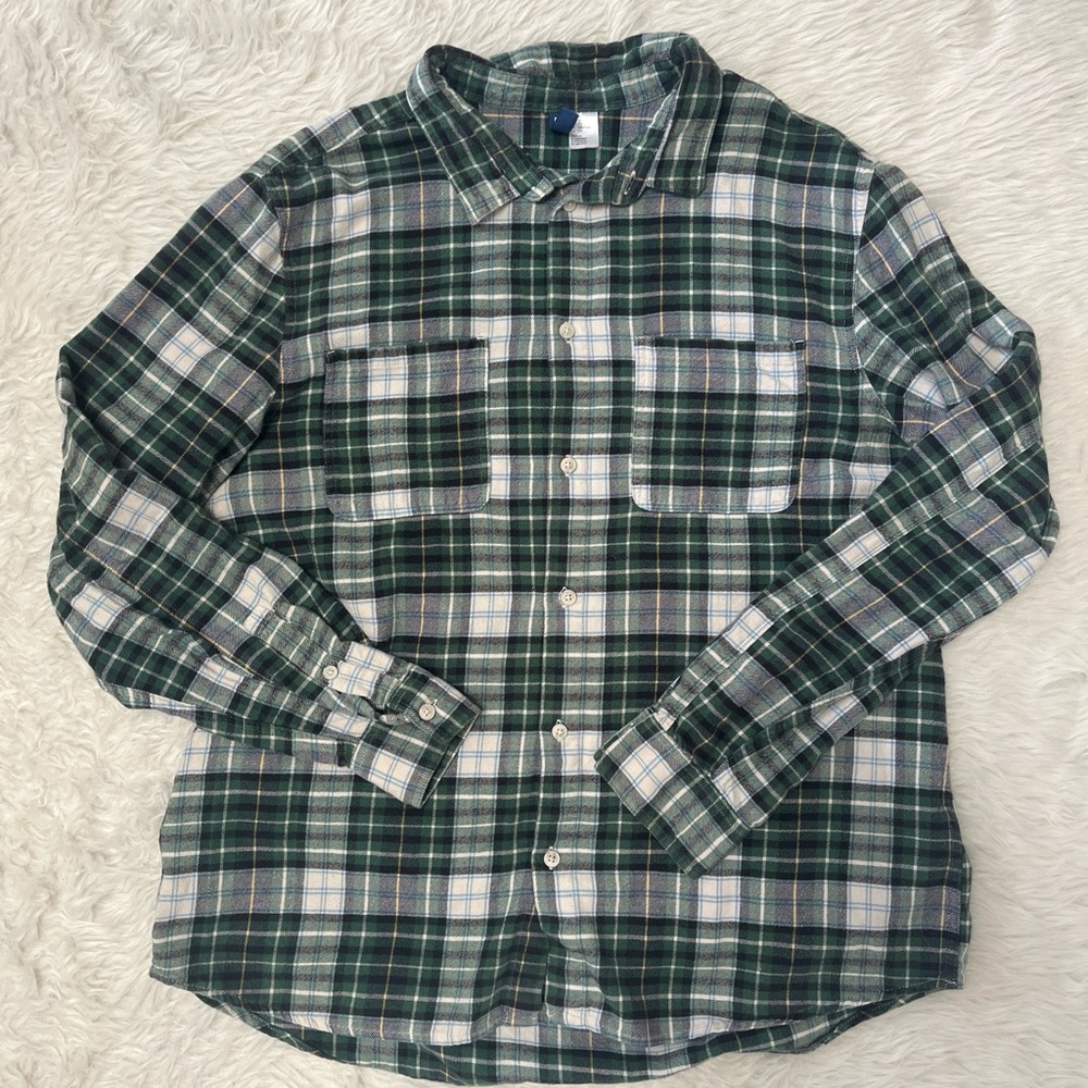 HM DIVIDED Shirt Men XL Green Plaid Button Up Flannel Outdoors Workwear